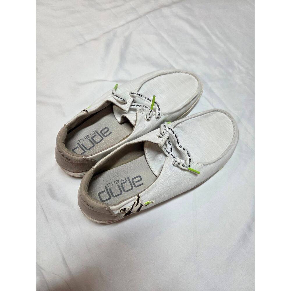 Hey Dude White Canvas Boat Shoes with Neon Green Accents - Picture 4 of 6